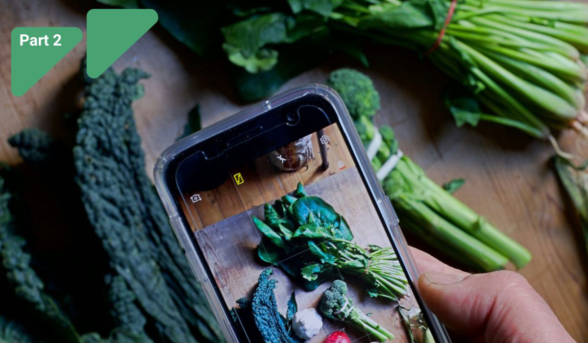 Smartphone photographing fresh green kale